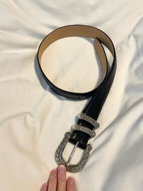 *VINTAGE* BRIGHTON Leather Belt w/Silver Buckle -S40703 -Black -Sz M 33” -USA